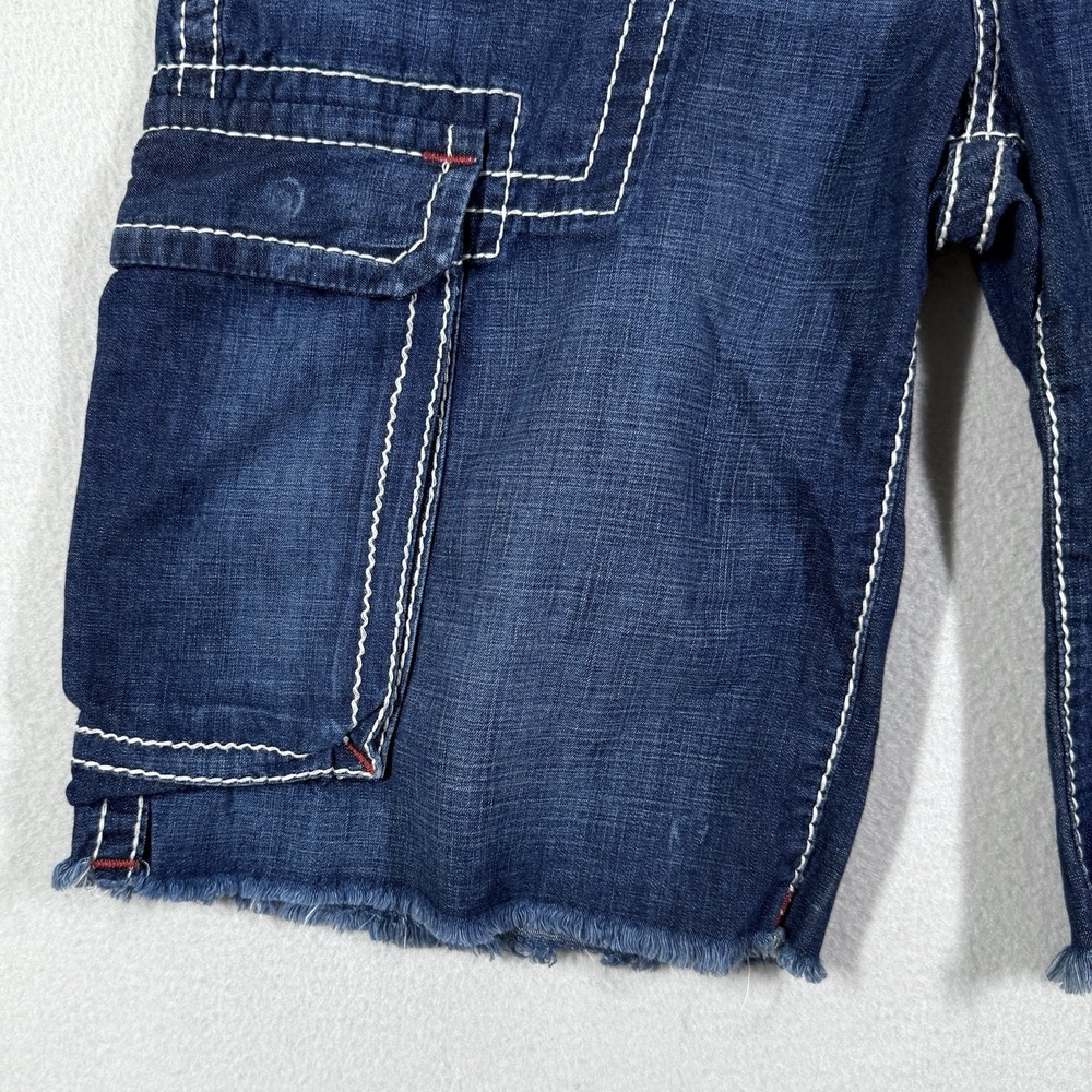 True Religion Cargo Shorts Men 36 Big T Red Stitch Denim Cut Off Drawstring Jean - Picture 2 of 15